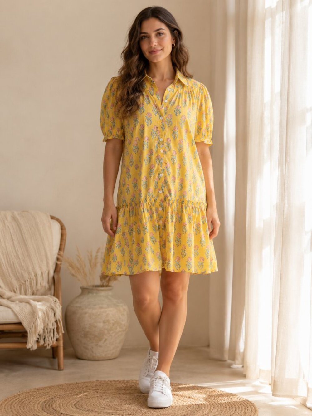 Floral Hand Block Print Kyra Mini Dress | Bohemian Cotton Dress